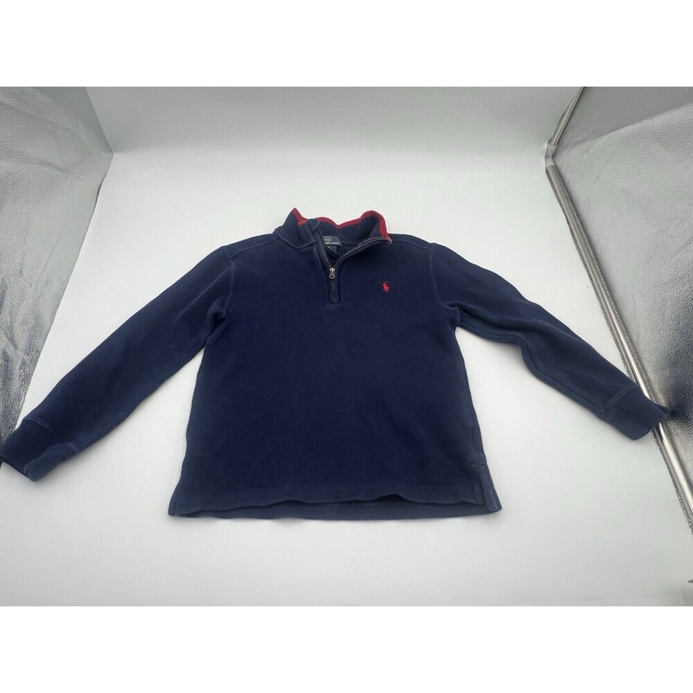 Boys Polo Ralph Lauren Navy Blue 1/4 Zip Sweater Red Embroidered Pony Size 7